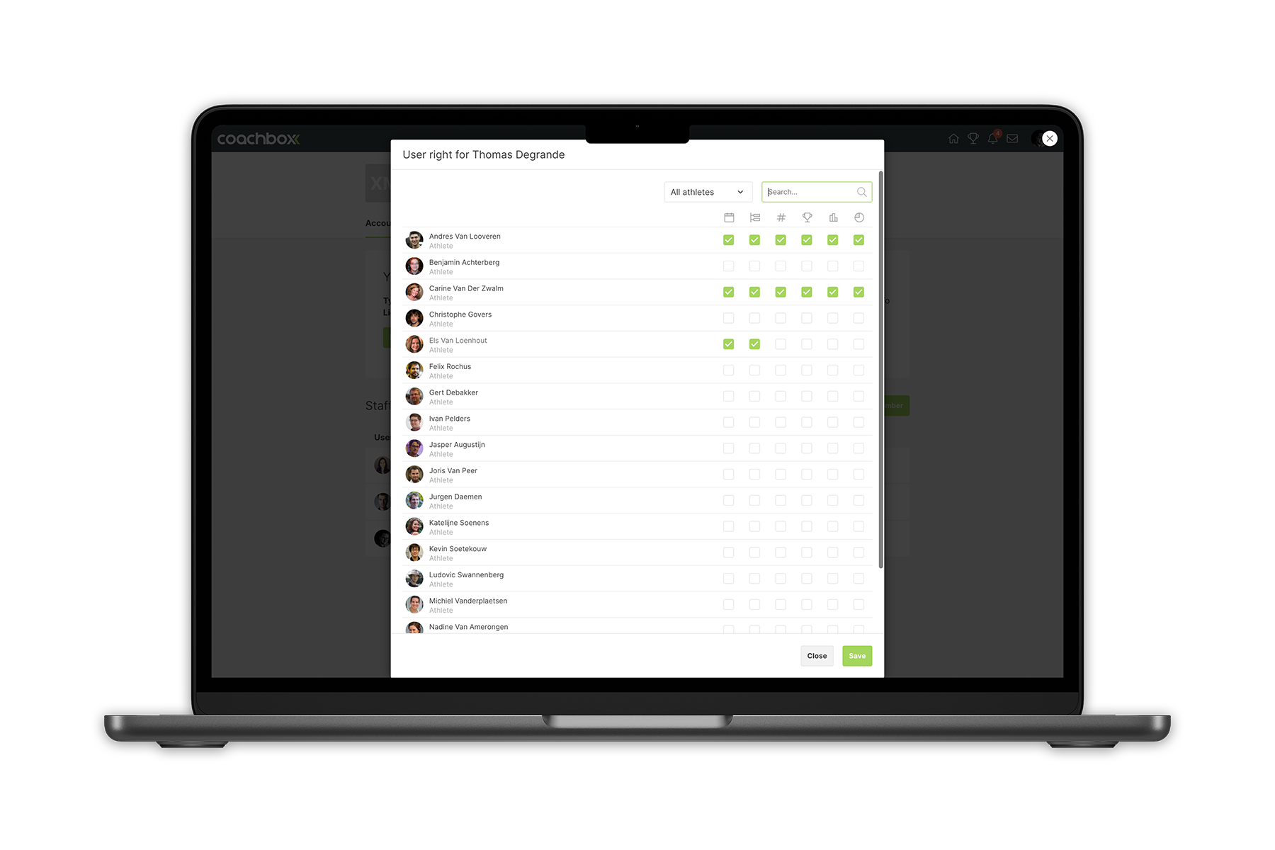 Coachbox gebruikersrechten-instellingen