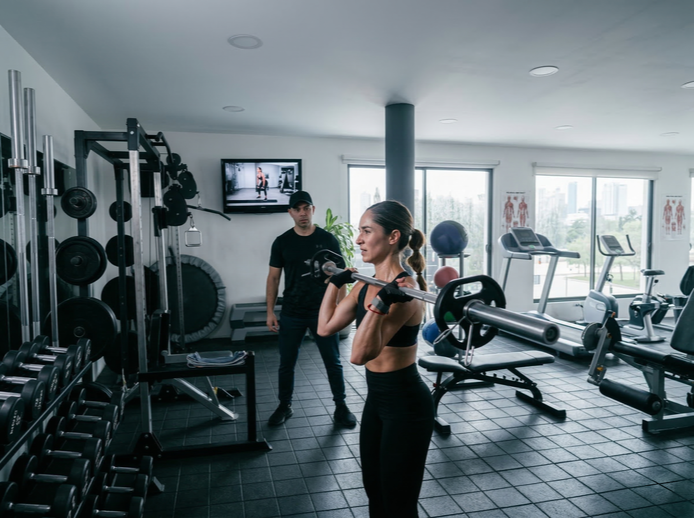 Personal trainer coaching a client in the gym